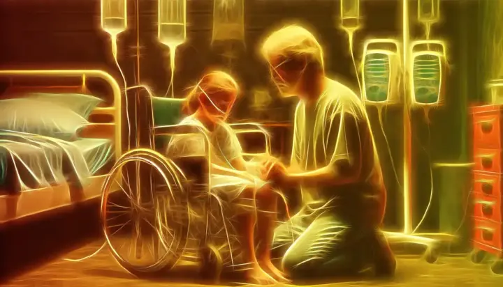 Vater auf die Knie am Rollstuhl seiner Tochter